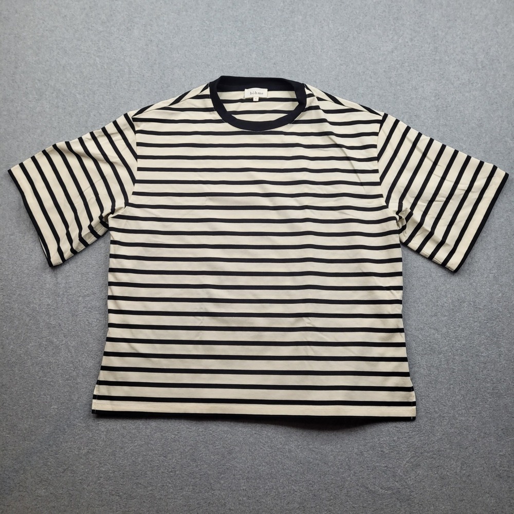 Bohme‎ Striped T-Shirt Womens XL Cream Black Short Sleeve Crew Neck Casual